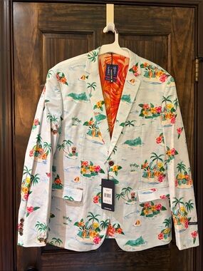 OppoSuits Light Blue Tropical Print Blazer with Orange Lining